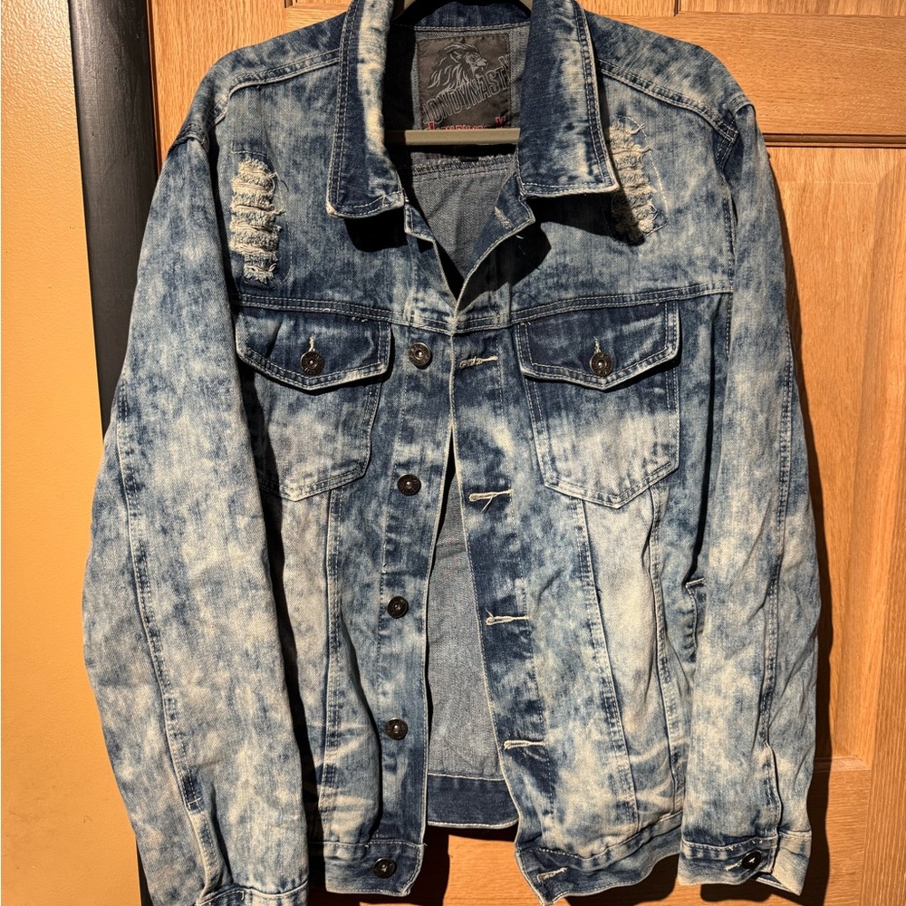 Blue Distressed Bomber Jacket with Vintage Wash